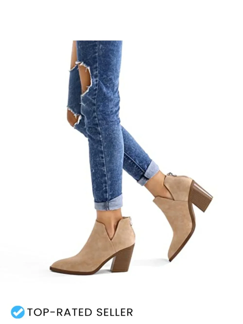 Slip on Cutout Pointed Toe Chunky Stacked Mid Heel Ankle Booties